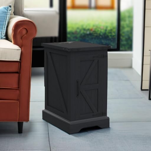 JXQTLINGMU Nightstand with Charging Station, Rectangular Farmhouse End Table with Barn Door and Adjustable Storage Shelf, 17" Deep Wood Rustic Sofa Side Table for Living Room, Bedroom, Black