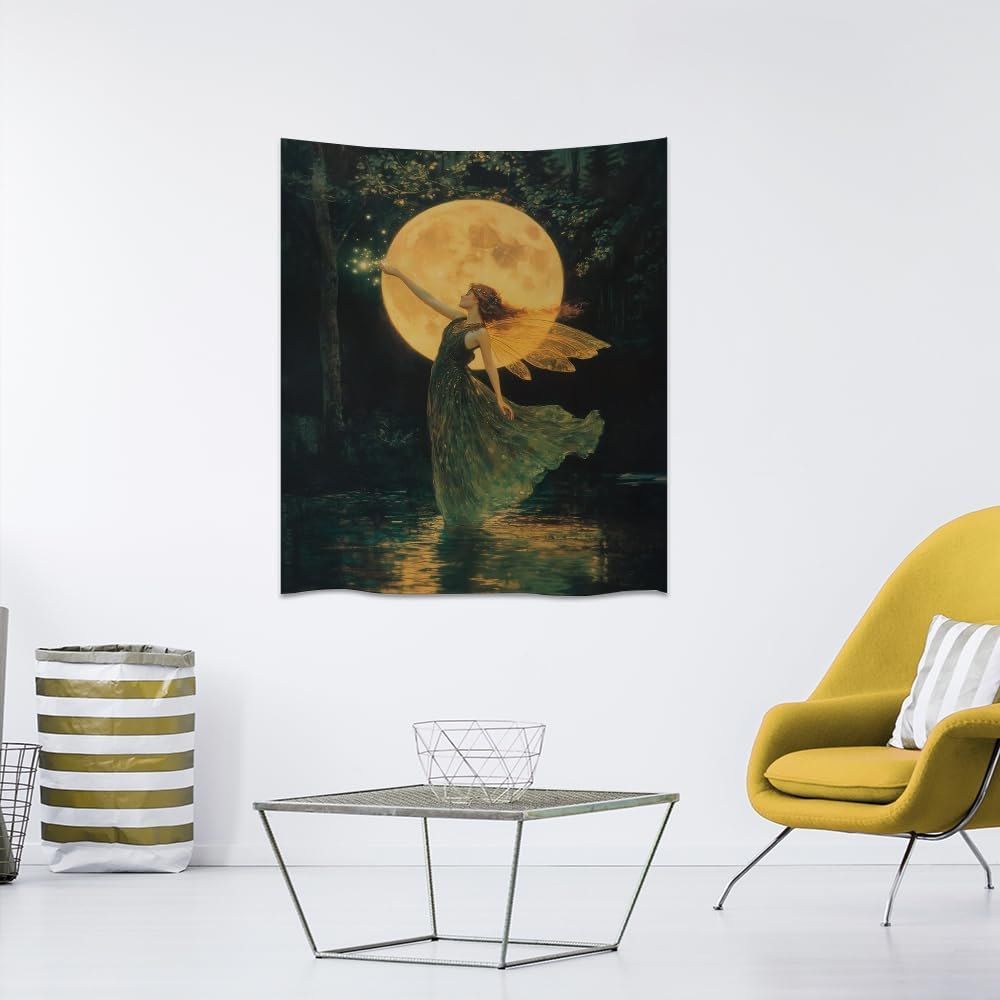 Whimsical Fairy Tapestry Fantasy Moonlight Fae Goddess Print Moody Gothic Aesthetic Wall Hanging Magical Forest Pictures Dark Cottage Witchy Tapestries for Girls Room Bedroom 30x40inch