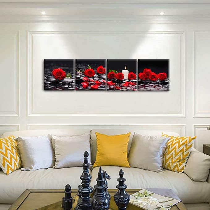 Yxbhhym-Zen Bathroom Wall Art Rose Picture Black and Red Wall Decor Flower Canvas Prints Meditation Poster Framed Wall Art for Living Room Bedroom Accessories Room Dรฉcor Spa Stone Decorations