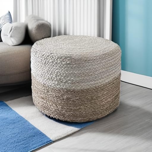 Jute Pouf Ottoman | Footrest Pouf | Hand Braided - Round Boho Pouffe - for Living Room, Bedroom, Nursery (18"x18"x12") Ivory