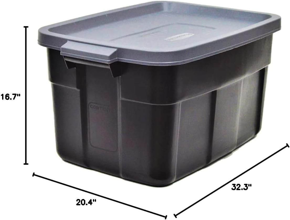 Rubbermaid Roughneck Tote 31 Gal, 3 Pack, Made in USA, Black & Gray, Rugged Plastic Stackable Storage Bins with Lids and Handles