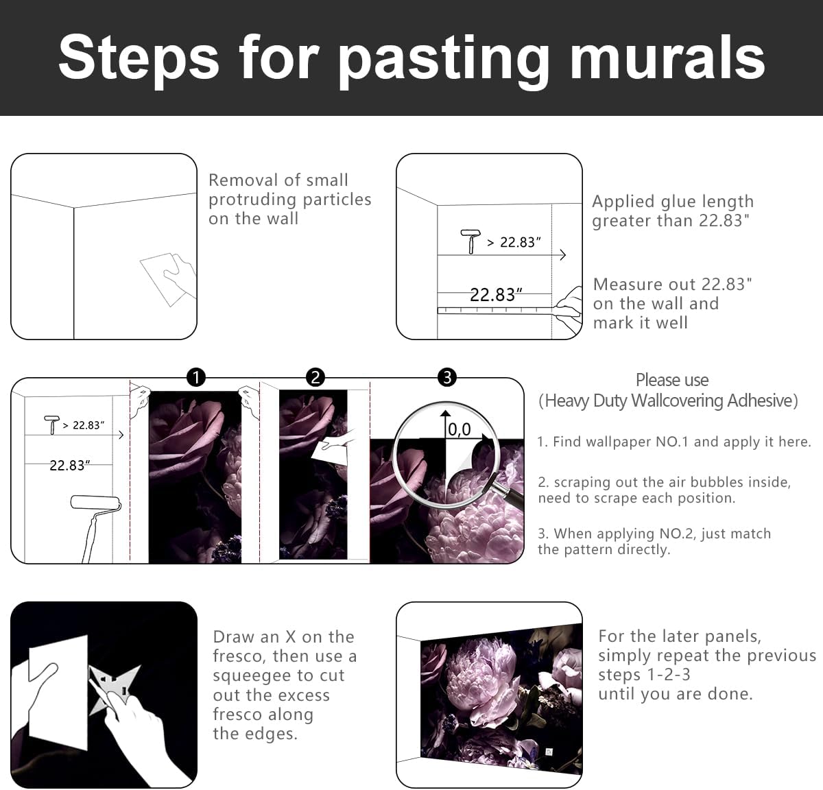 -Black Peony Purple Floral Botanical Fabric Wallpaper Living Room Bedroom Bathroom Dark Flowers Large Wall Mural- 183"x120"( not Peel and Stick)