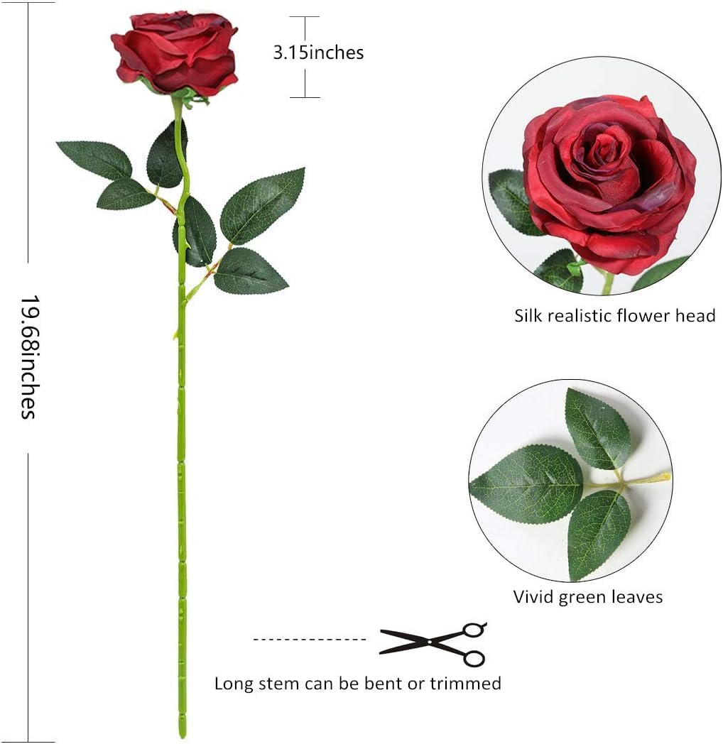 Burgundy Fake Roses Artificial Flowers - 10 Pcs Fake Artificial Roses Silk Flowers with Stems for Home Wedding Hotel Office Centerpiece Decor(Burgundy)