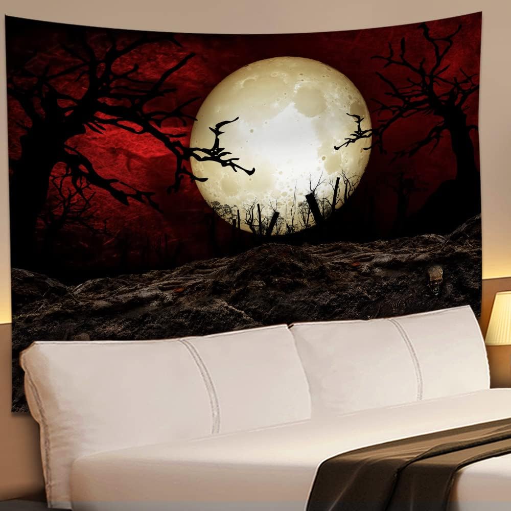SHRAPHY Moon Tapestry Scary Graveyard Scarlet Sky Tapestry Large 100x90 Inches Halloween Art Wall Hanging Tapestry for Bedroom GTLSUH1209
