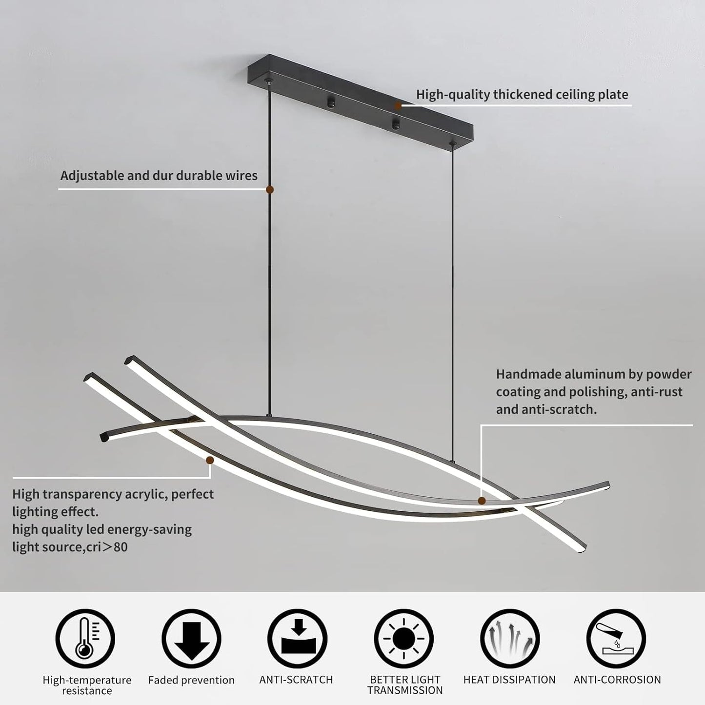 Modern Chandelier, Linear Pendant Light LED Dimmable Hanging Light Fixture, 3000K-6500K with Remote Control (Black, 47IN)