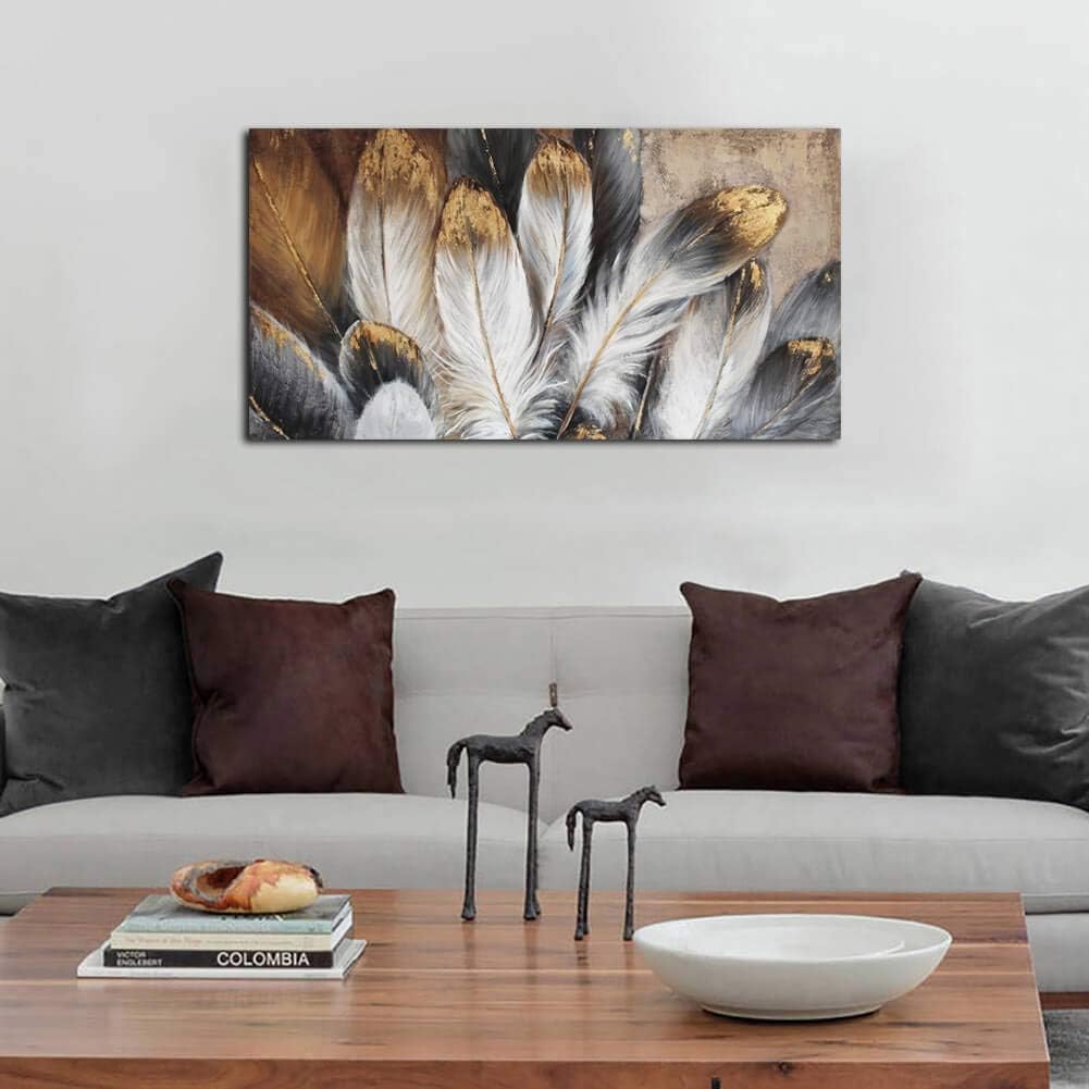 Feather Wall Art Modern Living Room Bedroom Wall Decoration Large Giclee Print Canvas Painting Artwork for Home Decor One Piece White Gold Brown Feather Picture Ready to Hang 24x48 Size