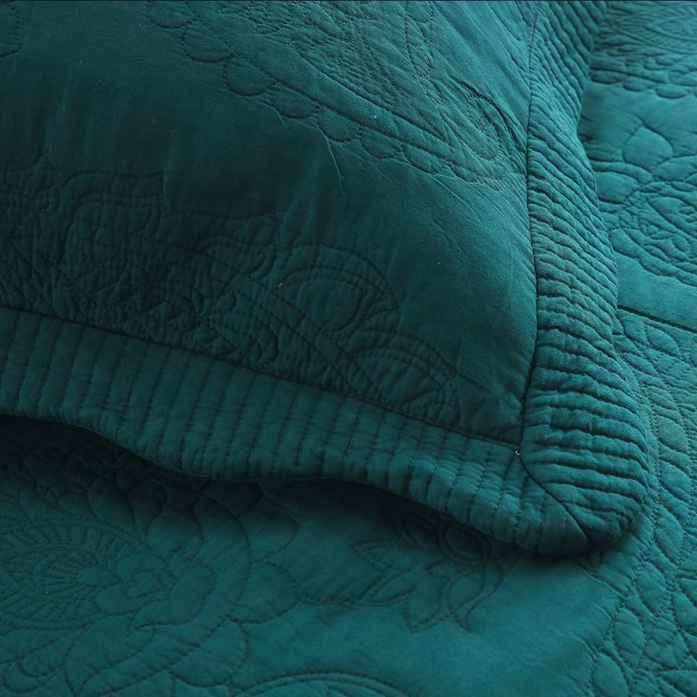 Cotton Bedspread Quilt Sets, Real Patchwork Bedding Sets with Luxury Floral Paisley Pattern, 3 Pieces Reversible Soft Lightweight Coverlet for All Season, Turquoise, King Size