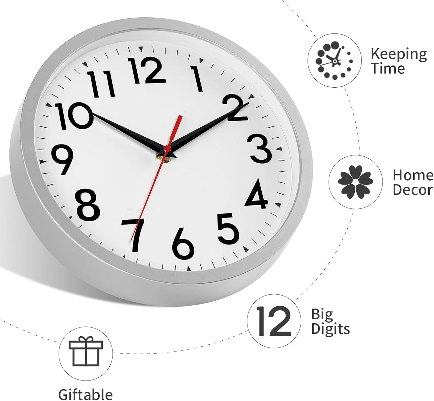 Wall Clock Modern Battery Operated 10 Inch Simpel Silent Non Ticking Decorative for Kitchen Office Outdoor Bedroom Living Room School Classroom(Silver)