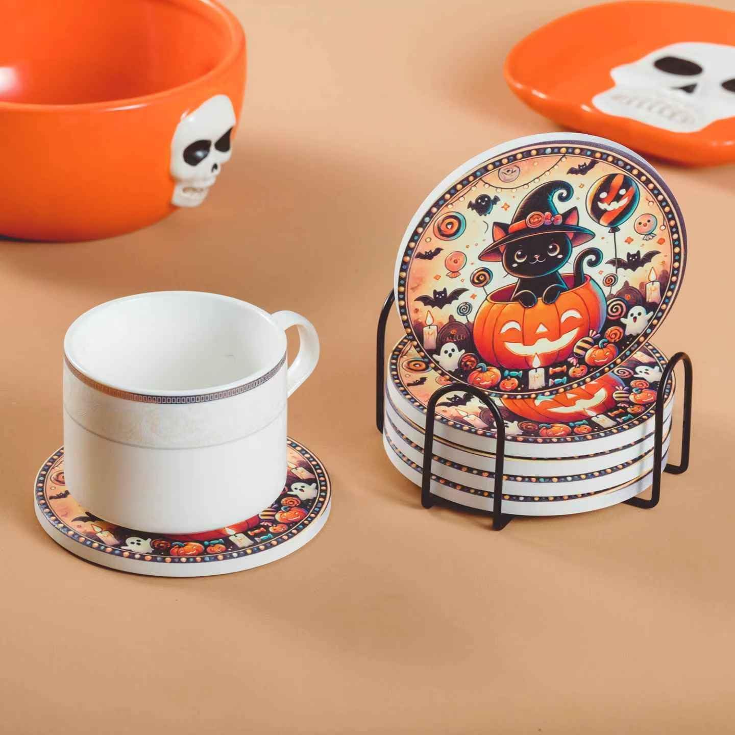 Halloween Ceramic Coasters Set of 6 with Holder โ Black Cat in Pumpkin Design โ Non-Slip Absorbent Drink Coasters for Halloween Party Decor and Gifts