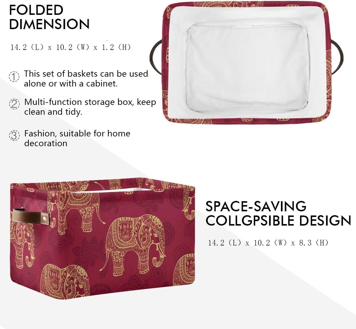 susiyo Foldable Storage Bins Large Collapsible Fabric Storage Baskets with Leather Handles Organizing Box for Shelves Home Bedroom Nursery Office 1 Pack,Indian Tribal Elephants