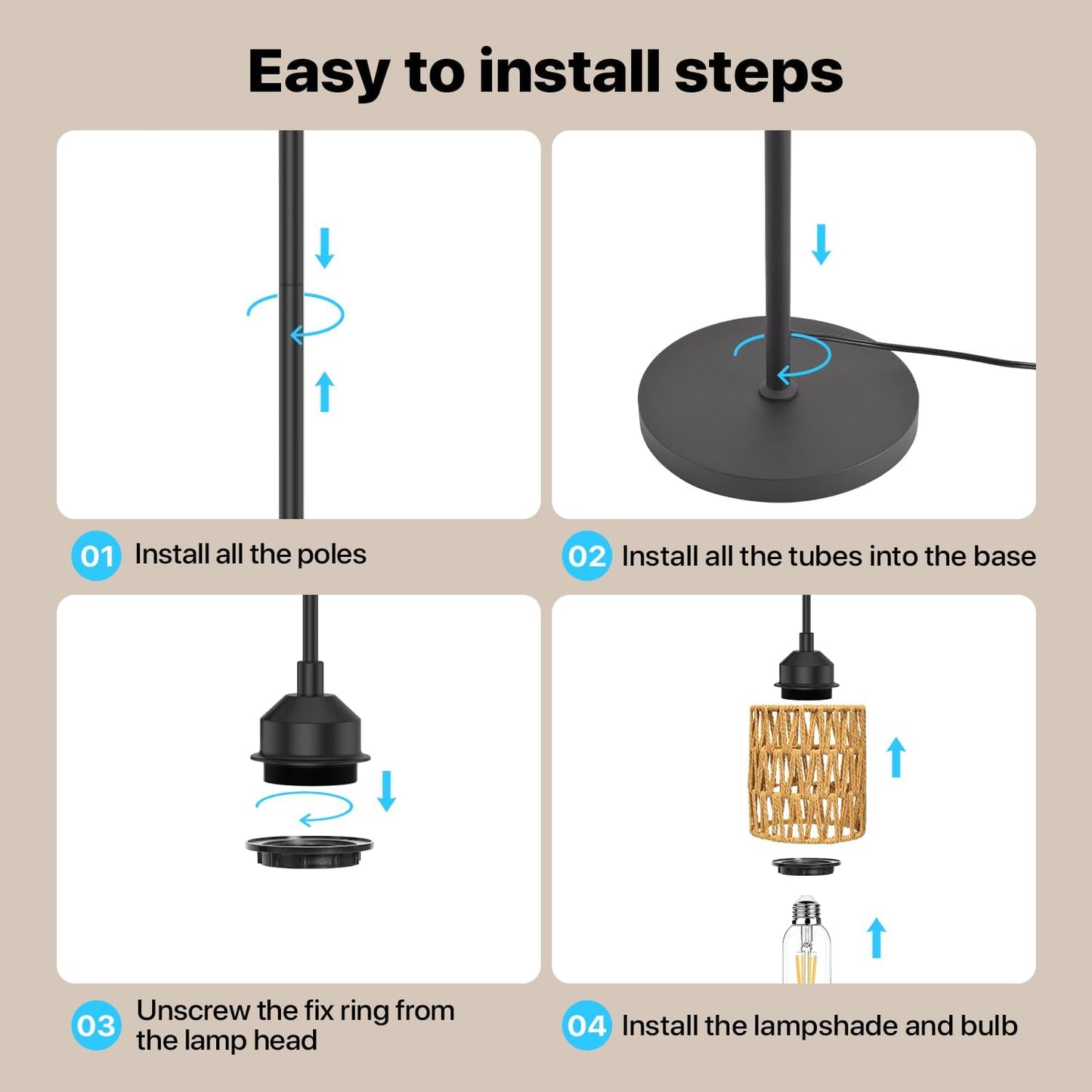 3-Light Boho Floor Lamp for Living Room, Rattan Wicker Standing Lamp Palm Tree Design, Farmhouse Coastal Floor Light with Woven Shade, Tall Bohemian Lamp