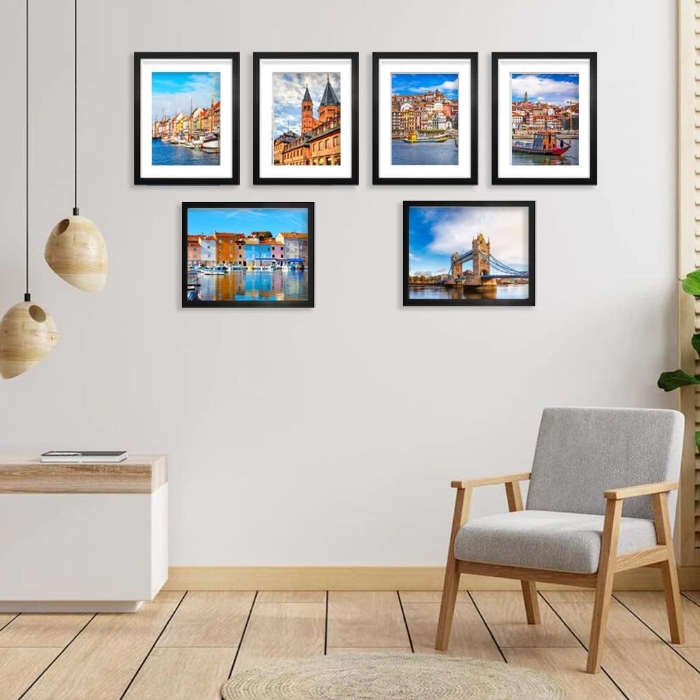 8x10 Picture Frame Set of 6, Display Pictures 5x7 with Mat or 8x10 Without Mat for Wall Mounting or Table Top Display,Black
