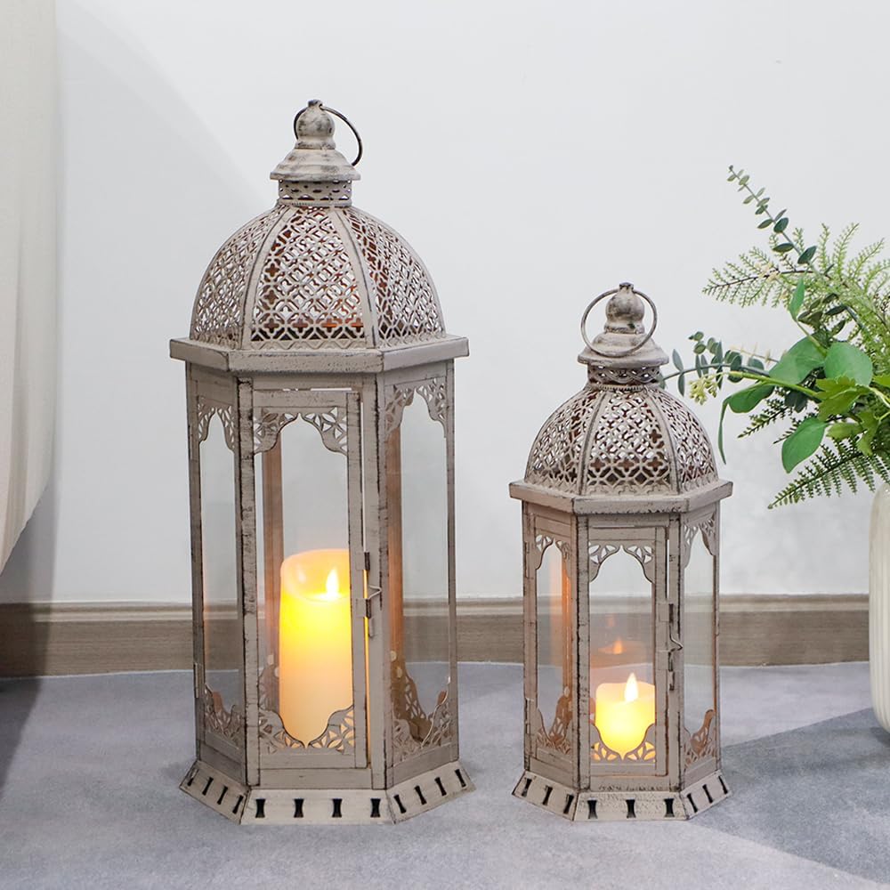 JHY DESIGN Set of 2 Decorative Candle Lanterns 22"&17" H Vintage Metal Candle Holder for Garden Indoor Outdoor Parties Weddings Patio Home Decor(Grey with Black Brush)