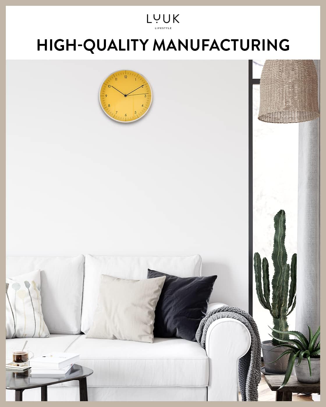 LUUK LIFESTYLE 10” Quartz Wall Clock with Silent Movement, Timeless Scandinavian Design, Kitchen Wall Clock, Decoration for Children's Room, Yellow and Silver
