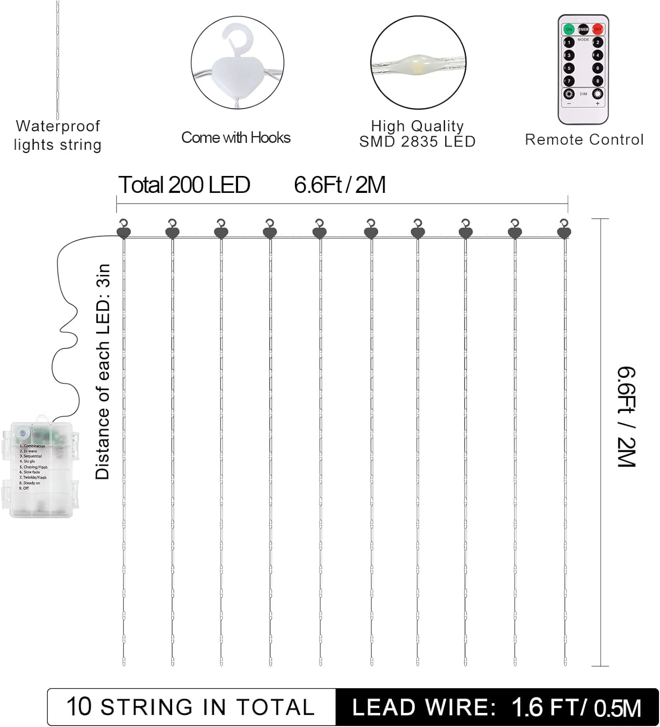 Curtain Lights Battery Operated 200 LED Curtain Fairy Lights 6.6×6.6ft with Remote Timer Outdoor Wall Light Fully Waterproof for Wedding Backdrops Bedroom Decor (Warm White)