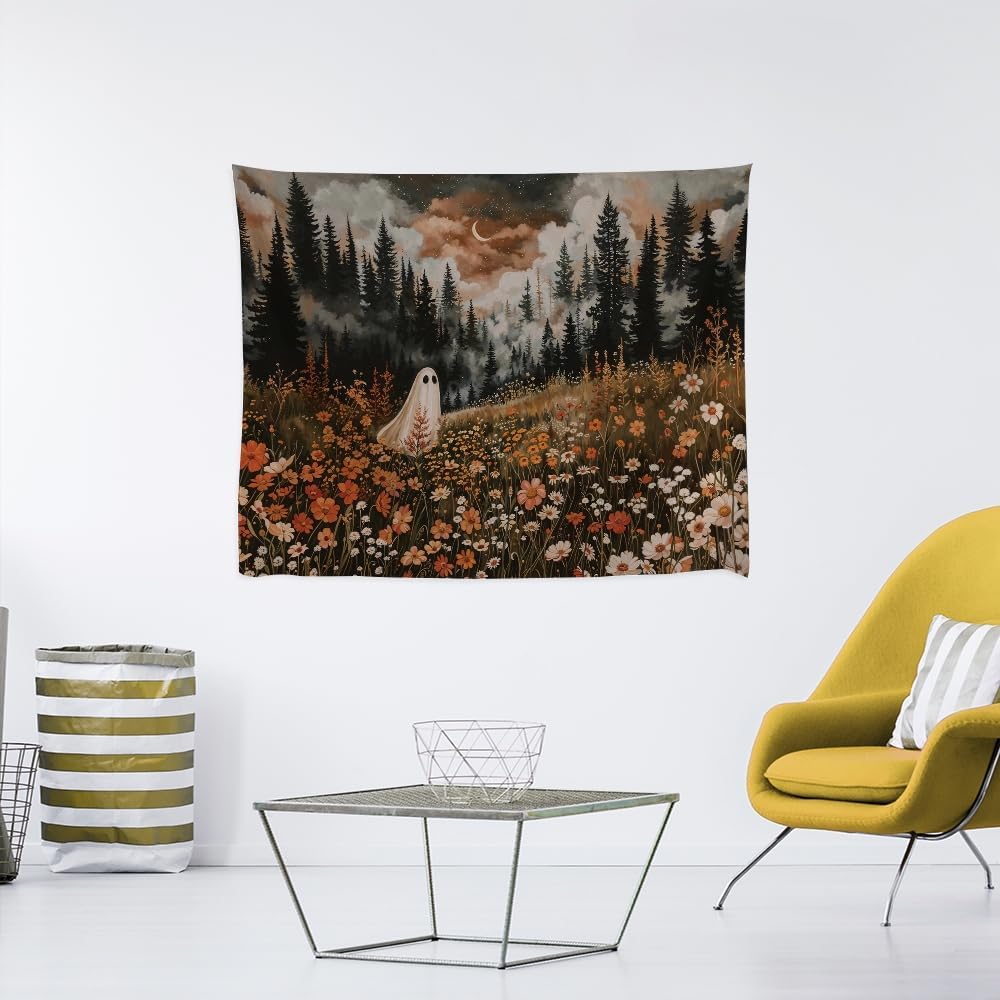 Spooky Fall Forest Art Halloween Tapestry Wall Hanging Cute and Funny Forest Flower Ghost Tapestry for Bedroom Whimsical Dark Academia Aesthetic Tapestries for Home Living Room Decor 60x80inch