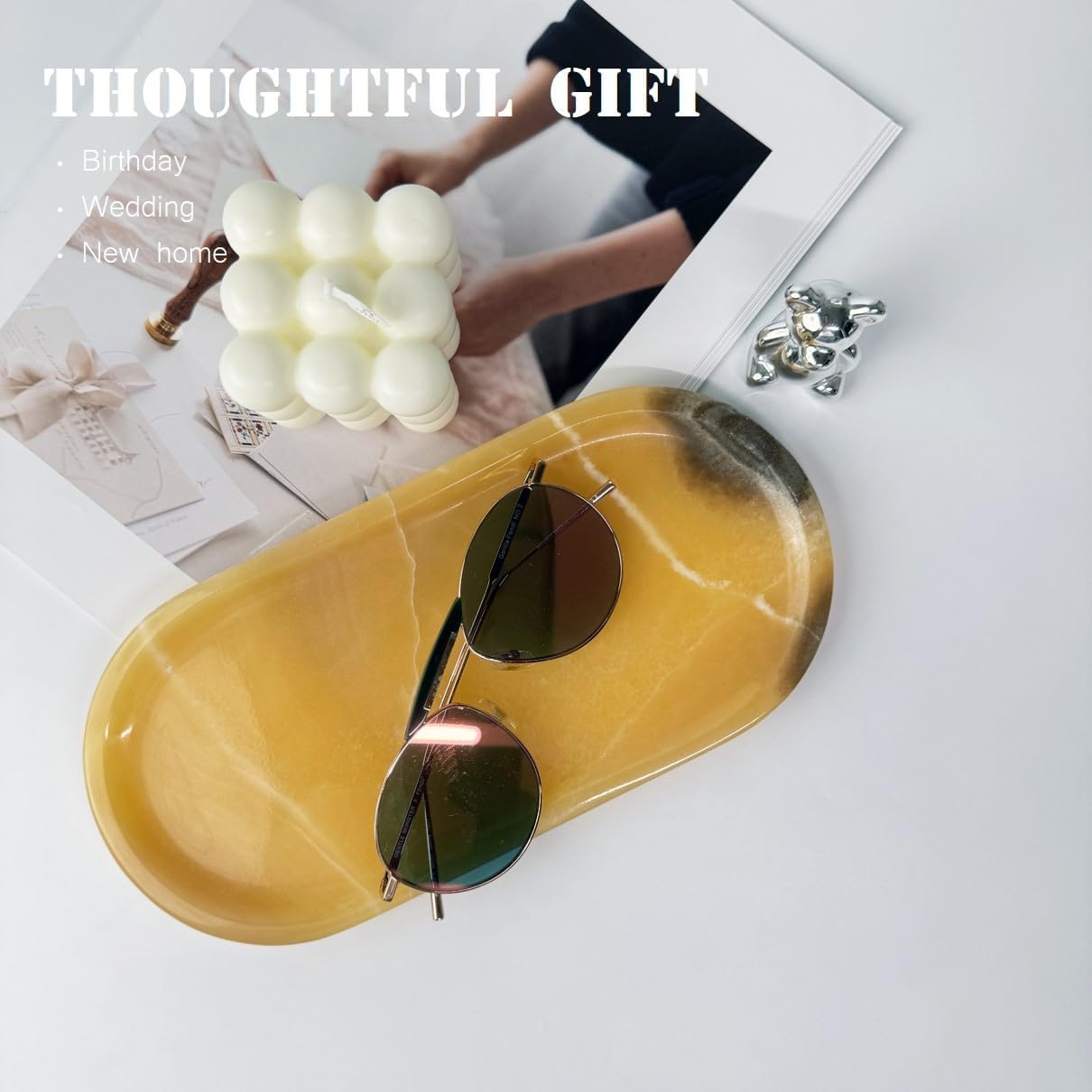 JINGJU Orange Jade Marble Oval Tray 10x5inches, Natural Stone Decorative Tray for Jewelry, Candle, Bathroom Counter, Coffee Table