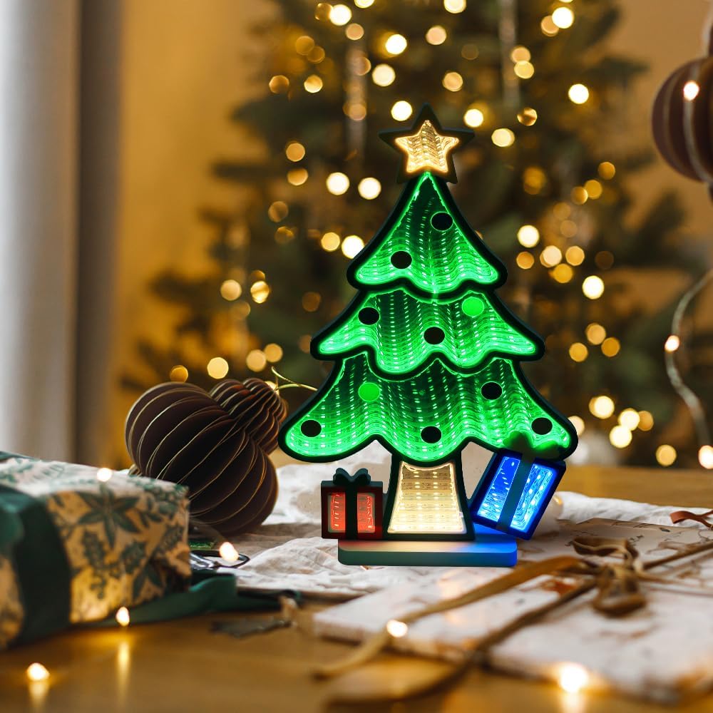 MEETYAMOR Christmas Decorations Indoor, Christmas Tree Infinity Mirror Tunnel Light - 3D Endless Extension LED Night Lamp, USB Powered Colorful Table Centerpiece for Bedroom, Living Room Home Decor