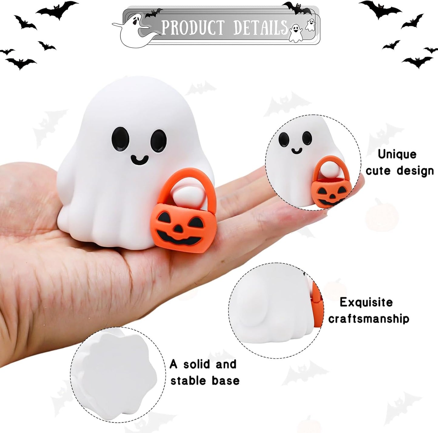 Halloween Ghost Figurine Cartoon Cute Spooky Carrying Pumpkin Basket Desk Display Ornament Tiny Trick or Treat Ghost Resin Halloween Statue for Home and Office Tabletop Decor Supplies