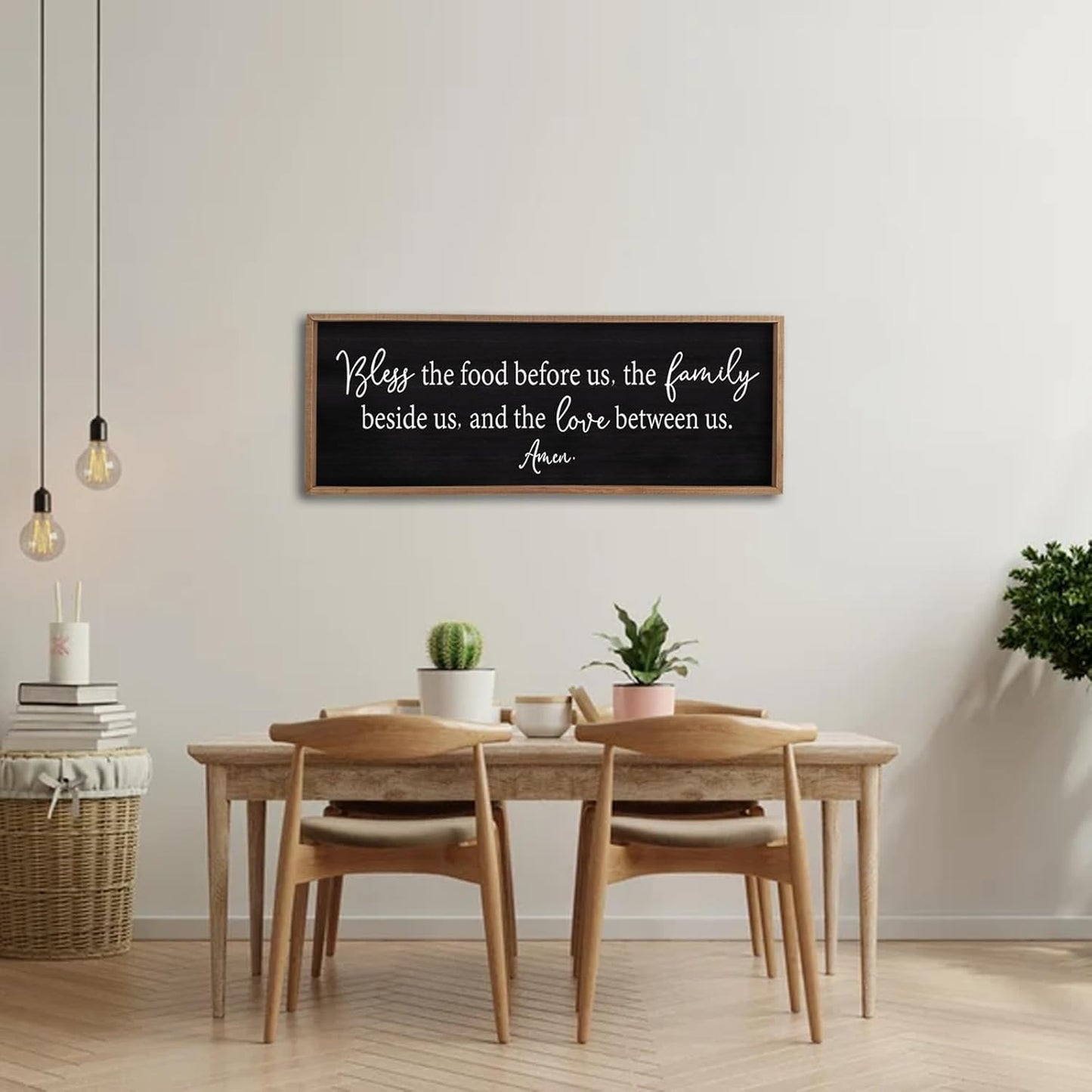Bless the Food Before Us Sign Wall Decor 40"X15" Large Farmhouse Dining Room Wall Decor Framed Wood Rustic Home Wall Art Kitchen Decoration (Wood Black)