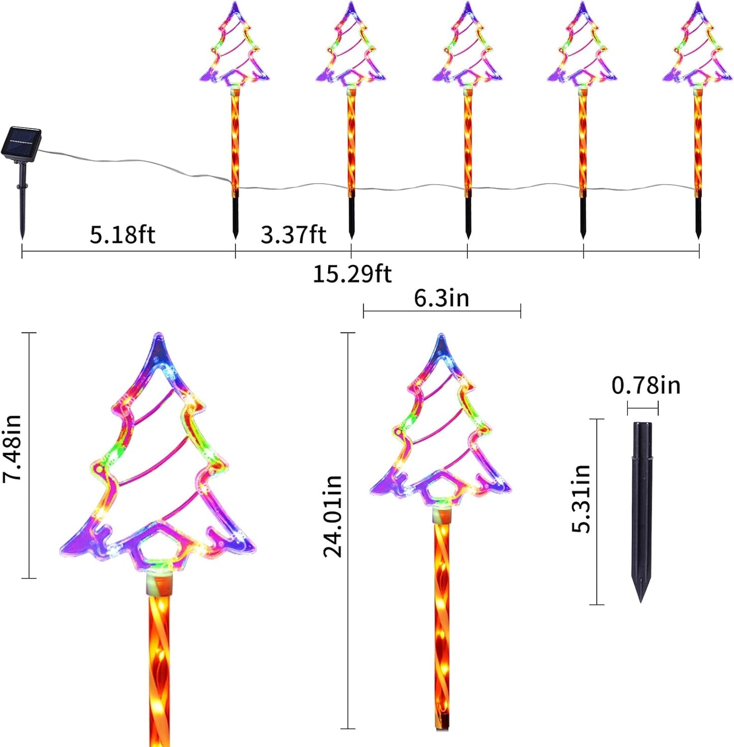 Christmas Solar Pathway Lights Outdoor Decorations, 8 Modes Xmas Tree Candy Lights Waterproof Led Garden Stake Light for Walkway Yard Lawn Porch Holiday Decor 5-Pack (Multicolor Tree, 10 Pack)