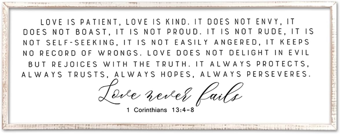 Love is Patient Kind Sign Wall Art 40"X15" 1 Corinthians 13 Bible Verse for Bedroom Above Over Bed Christianity Large Wood Framed Wall Hanging Decor (White)