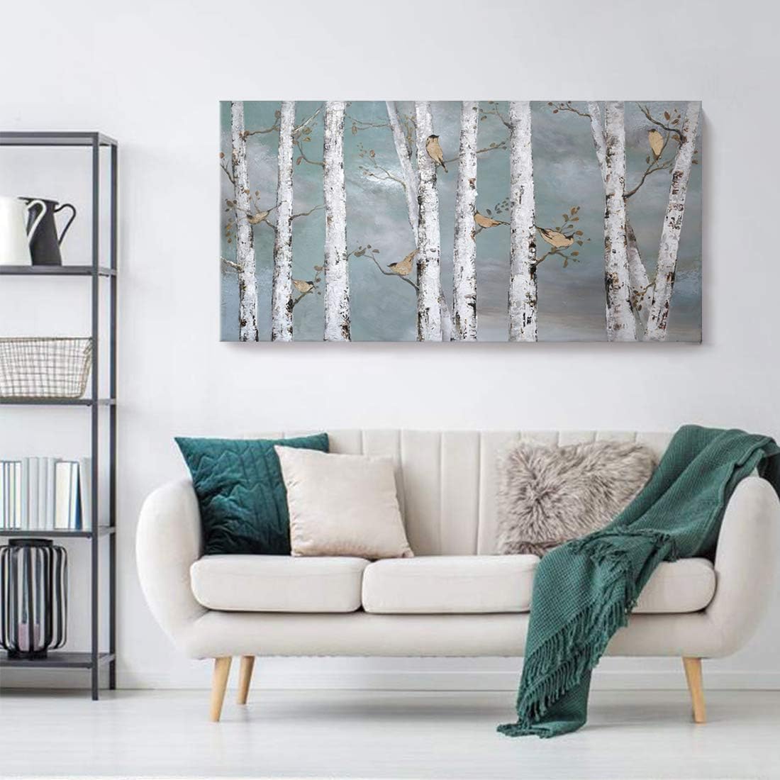 amatop Large Tree Wall Art Hand-Painted Landscape Forest Oil Painting Gallery Wrapped Framed Canvas Gold Bird Artwork 'White Birch at Night' for Living Room Bedroom Office Decor Teal White 48"x24"