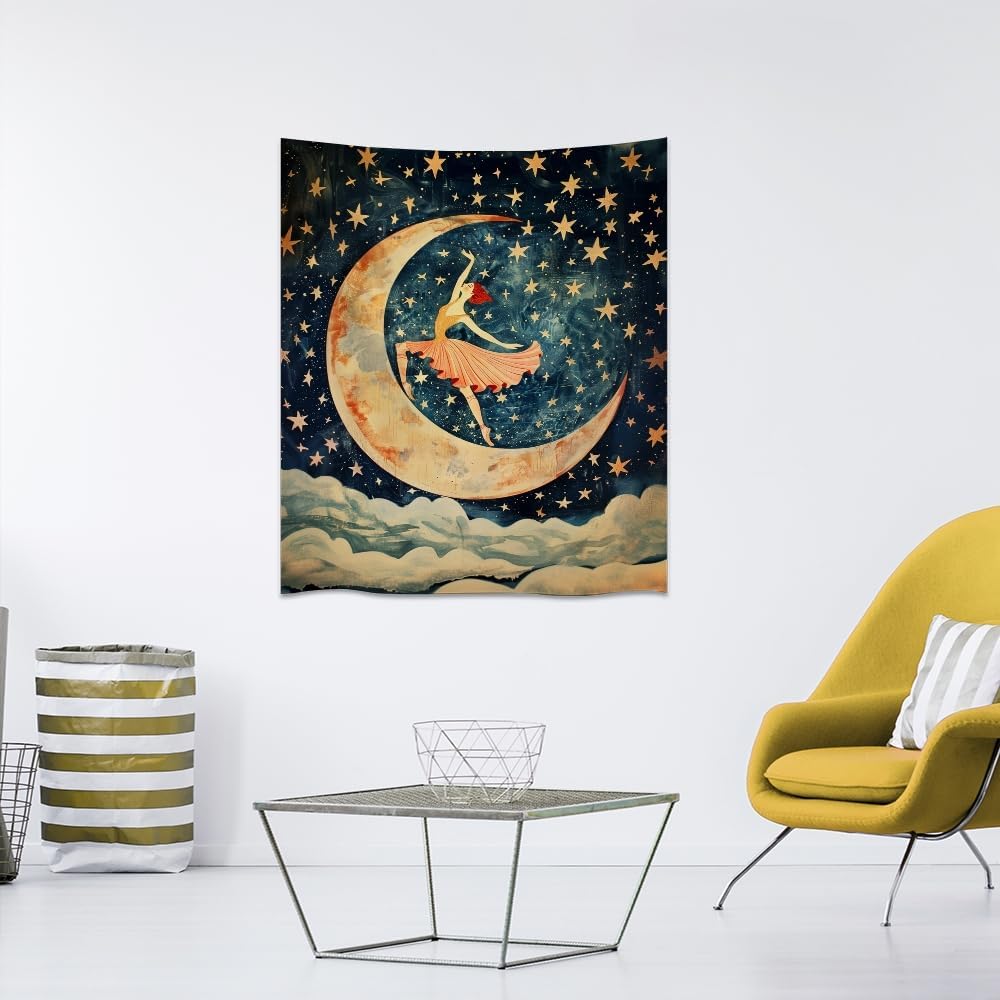 Dancer on the Moon Tapestry Starry Night Sky Art Print Dark Academia Gothic Aesthetic Wall Hanging Stars Moon Clouds Tapestries Whimsical Wall Decor for Nursery Bedroom 50x60inch