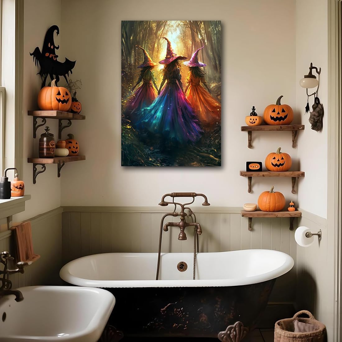 Halloween Room Decor Wall Art Colorful Witch Prints,Vintage Three Colorful Witches in Forest Halloween Posters,Fall Fantasy Aesthetic Pictures Playful Art Wall Decor for Bedroom,16"x24" Framed