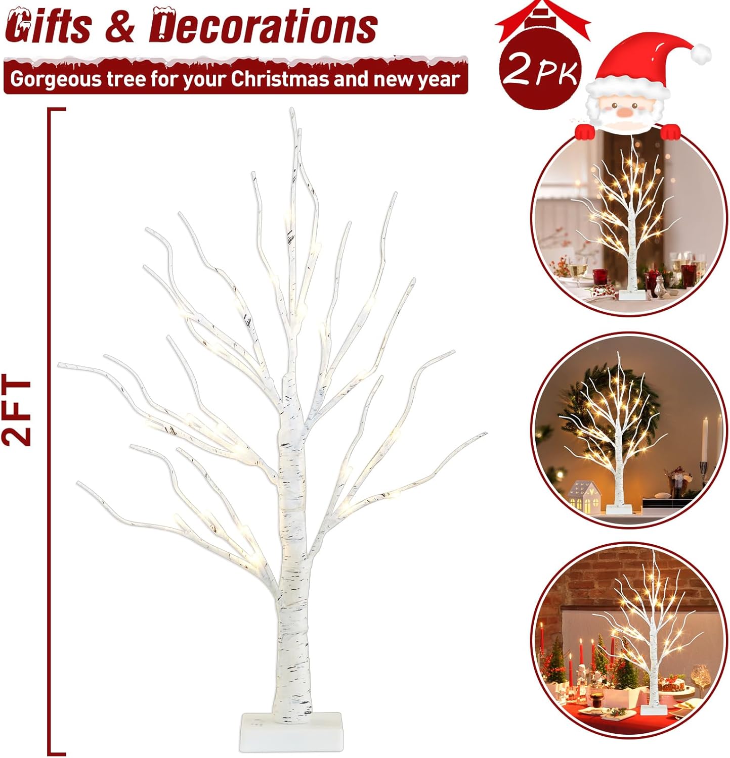 PEIDUO Christmas Decorations Indoor, 2 FT Birch Tree with LED Lights, Fairy Light Spirit Tree for Christmas Decor, Warm White Lighted Birch Trees for Home Decor Indoor, Battery Powered, Timer (2PK)
