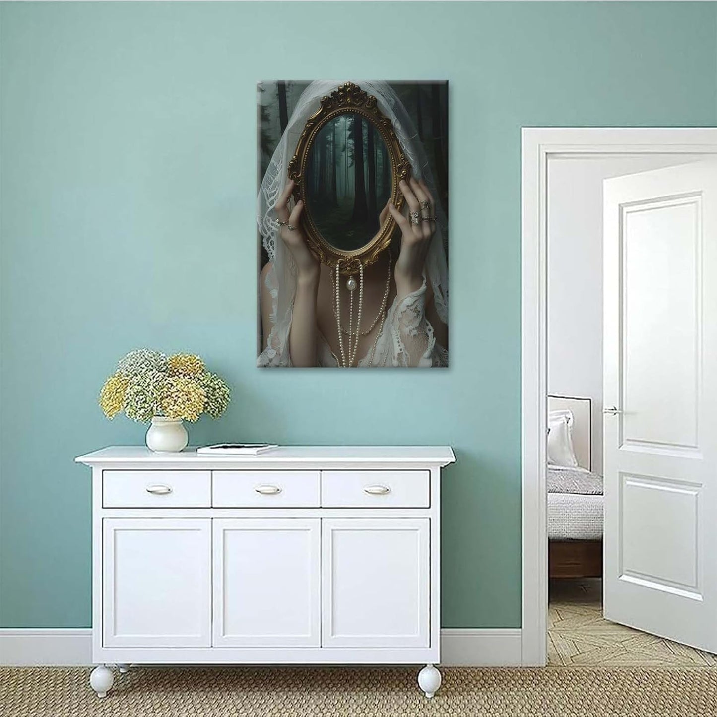 Mirror face covering dark art poster print melancholy gothic painting vintage feminine print victorian style decoration antique art12x16in Wood Framed