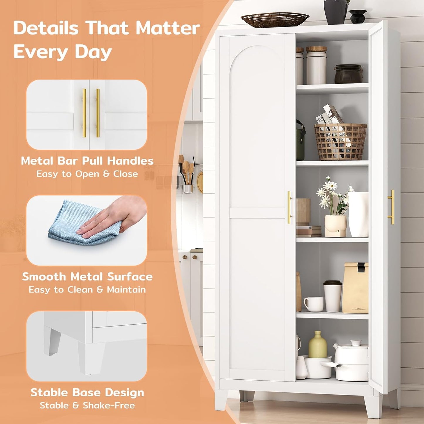 70.87" H Metal Kitchen Pantry Cabinet, Freestanding Cupboard with 2 Doors and 4 Adjustable Shelves, Tall Metal Storage Cabinet for Kitchen, Bathroom, Dinning Room or Laundry Room (White)