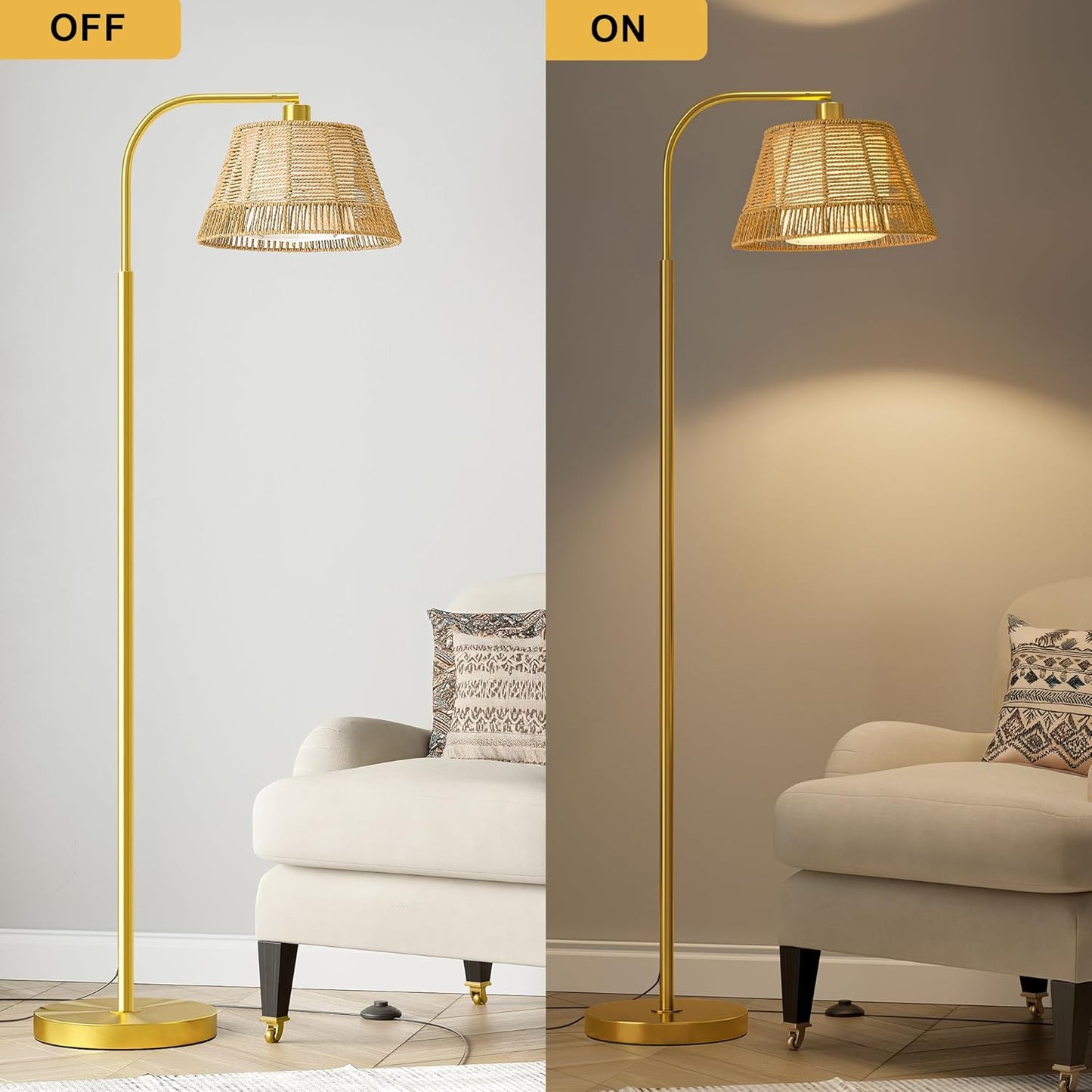 Oneach Arc Floor Lamp for Living Room,Rattan Boho Floor Lamp with Hand-Woven Wicker & Fabric Shade, Foot Switch,Gold Metal Base & Pole,Farmhouse Standing Lamp for Bedroom Corner,Office,Reading