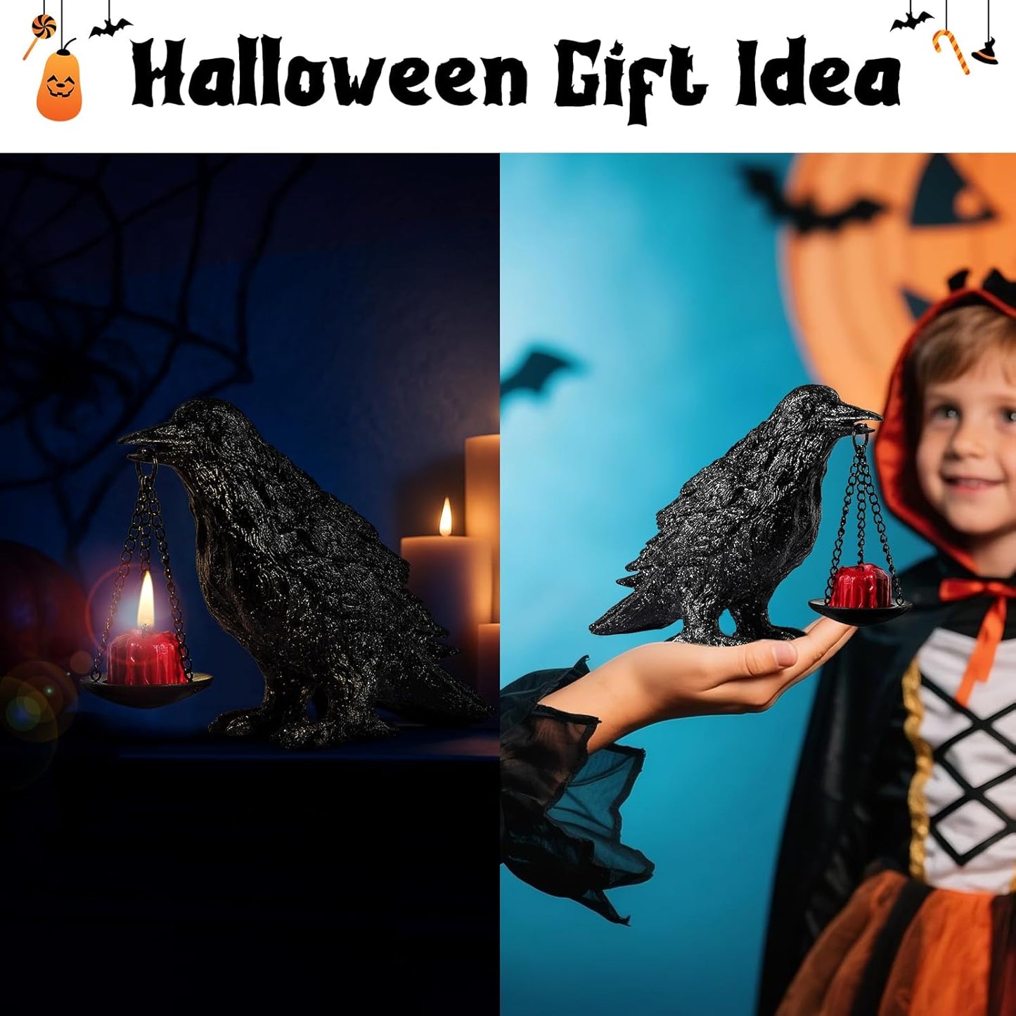 Gothic Crow Lamp Tealight Candle Holder Raven Statue for Indoor Outdoor Decor Halloween Garden Resin Statue Black Stone