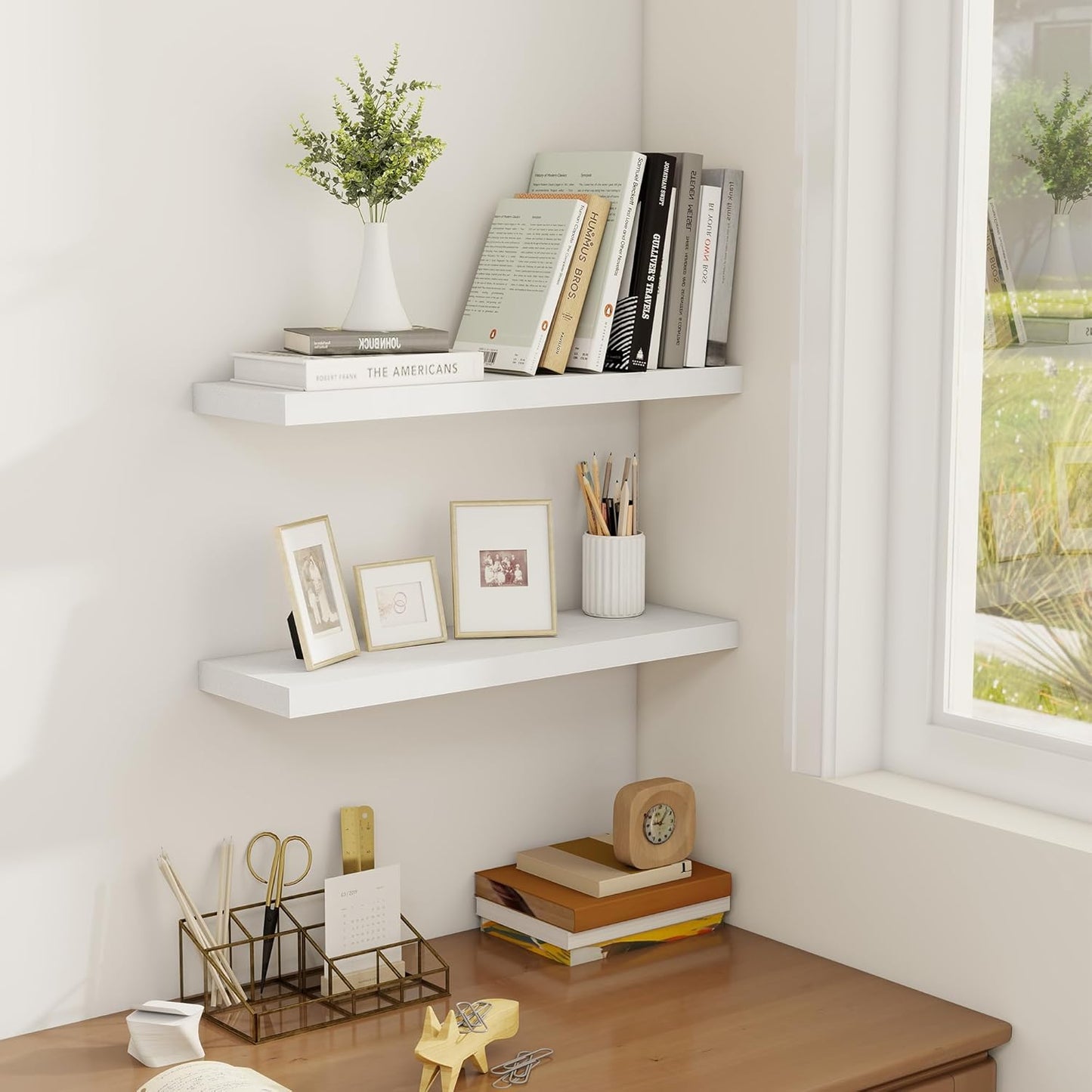 Fun Memories Floating Shelves for Wall, 22.5" Rustic Wood Deep Wall Mounted Shelves with Invisible Brackets for Decor & Storage, Floating Shelf for Living Room, Bathroom (White, Set of 2)