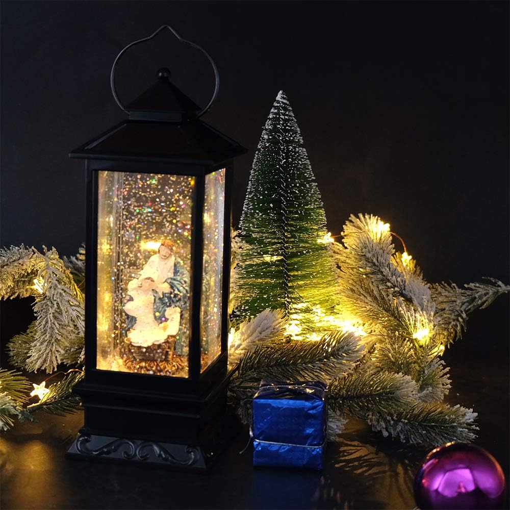 Eldnacele Battery Operated Plug-in Musical Lighted Christmas Water Snowing Glittering Snow Globe Lantern with Timer Christians Nativity Lantern Decor, Holy Family
