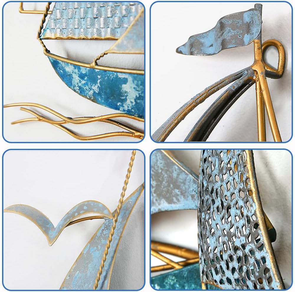 Metal Geometric Round Wall Art Abstract Metal Wall Decor for Living Room, 3d Modern Orange Circle Large Wall Art Circular Wall Decor Hanging Wall Sculptures Artwork for Outdoor Bedroom (Sailboat)