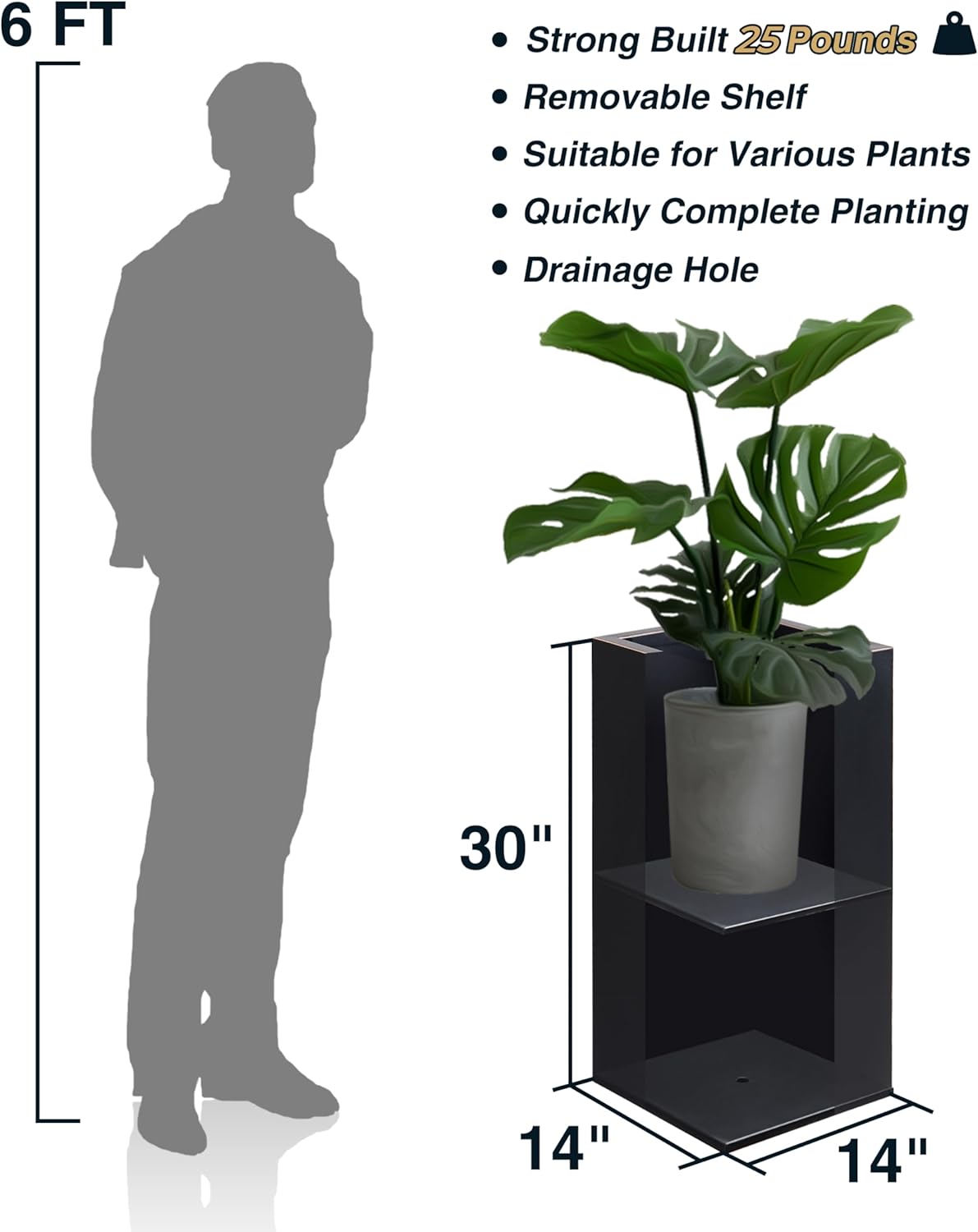 Metallic Heavy Tall Outdoor/Indoor Planter Box 14Lx14Wx30H Inches Rectangular Large Flowerpot, Tall Metal Planter Box for Front Porch 25 Pounds, No Assembly Required, Black, 1 Pack
