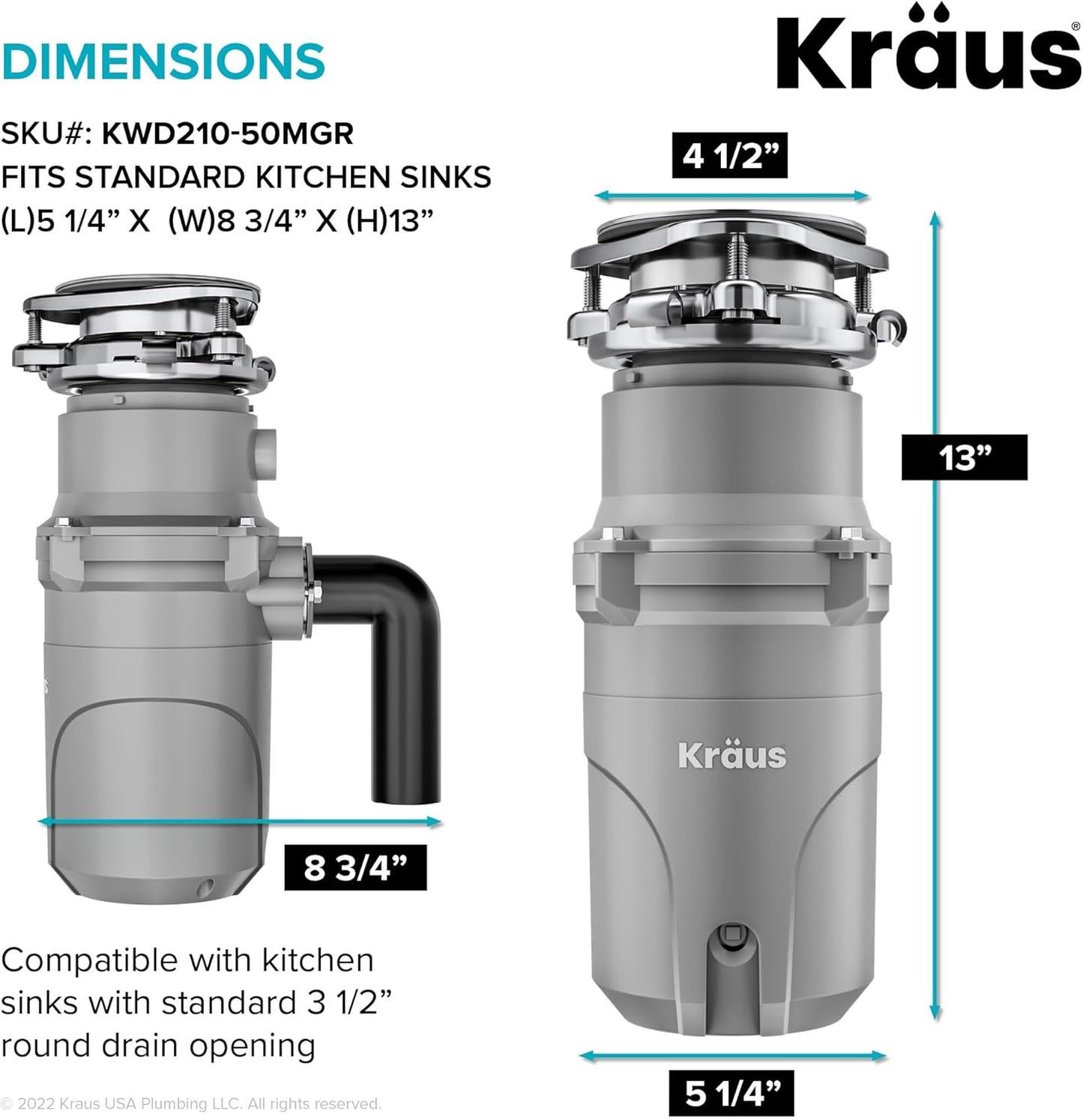 KRAUS® WasteGuard™ High-Speed 1/2 HP Continuous Feed Ultra-Quiet Motor Garbage Disposal with Power Cord and Flange Included and Universal Mount