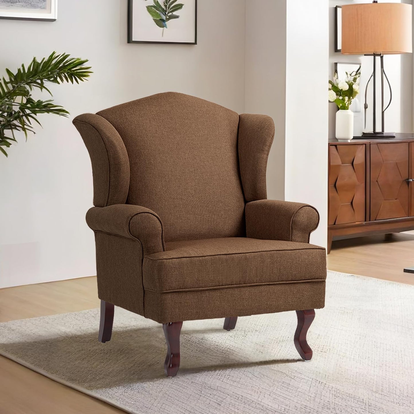 Accent Chair, High Back Upholstered Armchair with High Resilience Sponge & Wood Legs, Mid-Century Modern Comfy Single Sofa Reading Chairs for Living Room, Bedroom (Brown, Set of 2)