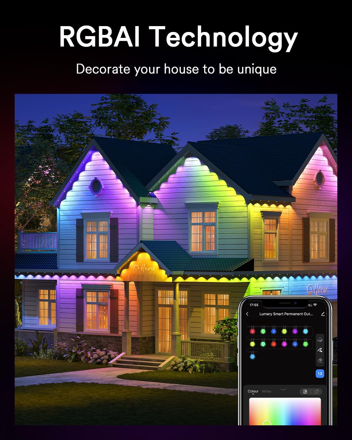Lumary Smart Permanent Outdoor Lights Pro, 105ft with 80LED 50lm RGBAICW Eave Lights, IP67 Waterproof, Multi Scenes for Daily and Accent Lighting Decor, Work with Alexa, Google, APP, Remote Control