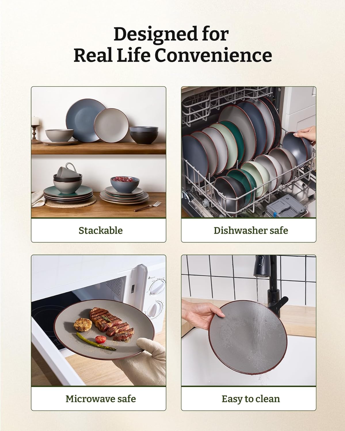 Famiware Venus Ceramic Plates and Bowls Sets, Speckled Dinnerware Dish Sets for 8 (24 Pieces) - Microwave and Dishwasher Safe, Matte Dark Grey