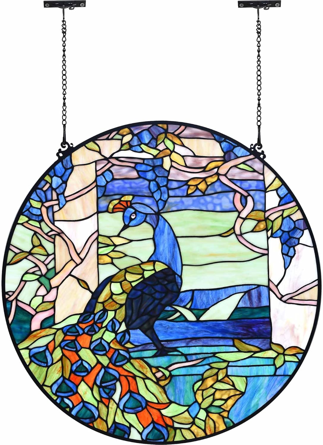 Bieye W10094 Peacock in Garden Tiffany Style Stained Glass Window Panel for Home Decor (Blue, 24" Round)