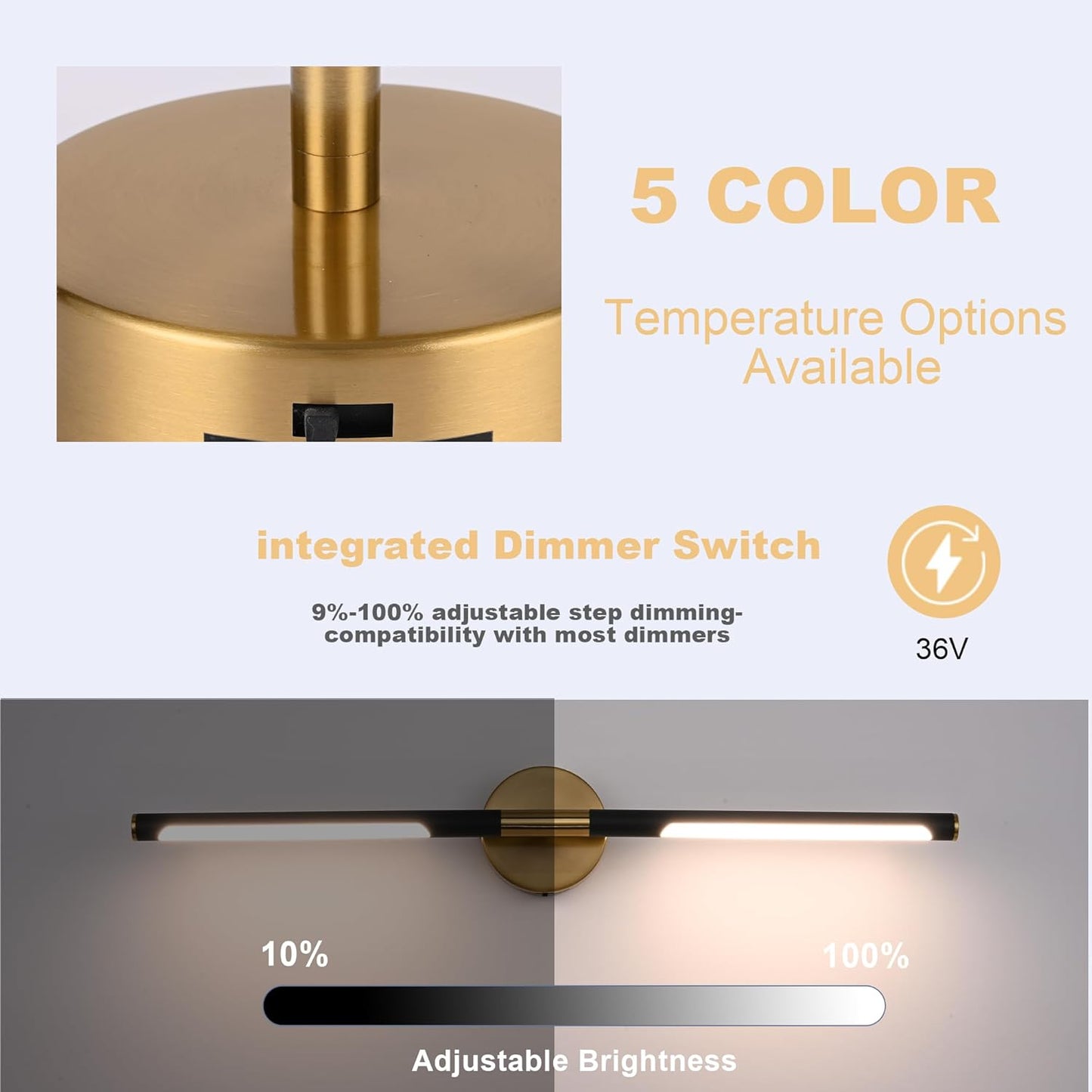 BONLICHT Bathroom Light Fixtures Over Mirror 24 Inch, 12W 350°Rotatable Dimmable 2700-5500K LED Wall Vanity Light Bar Black and Brushed Brass Modern Bathroom Vanity Lights picture and display lighting