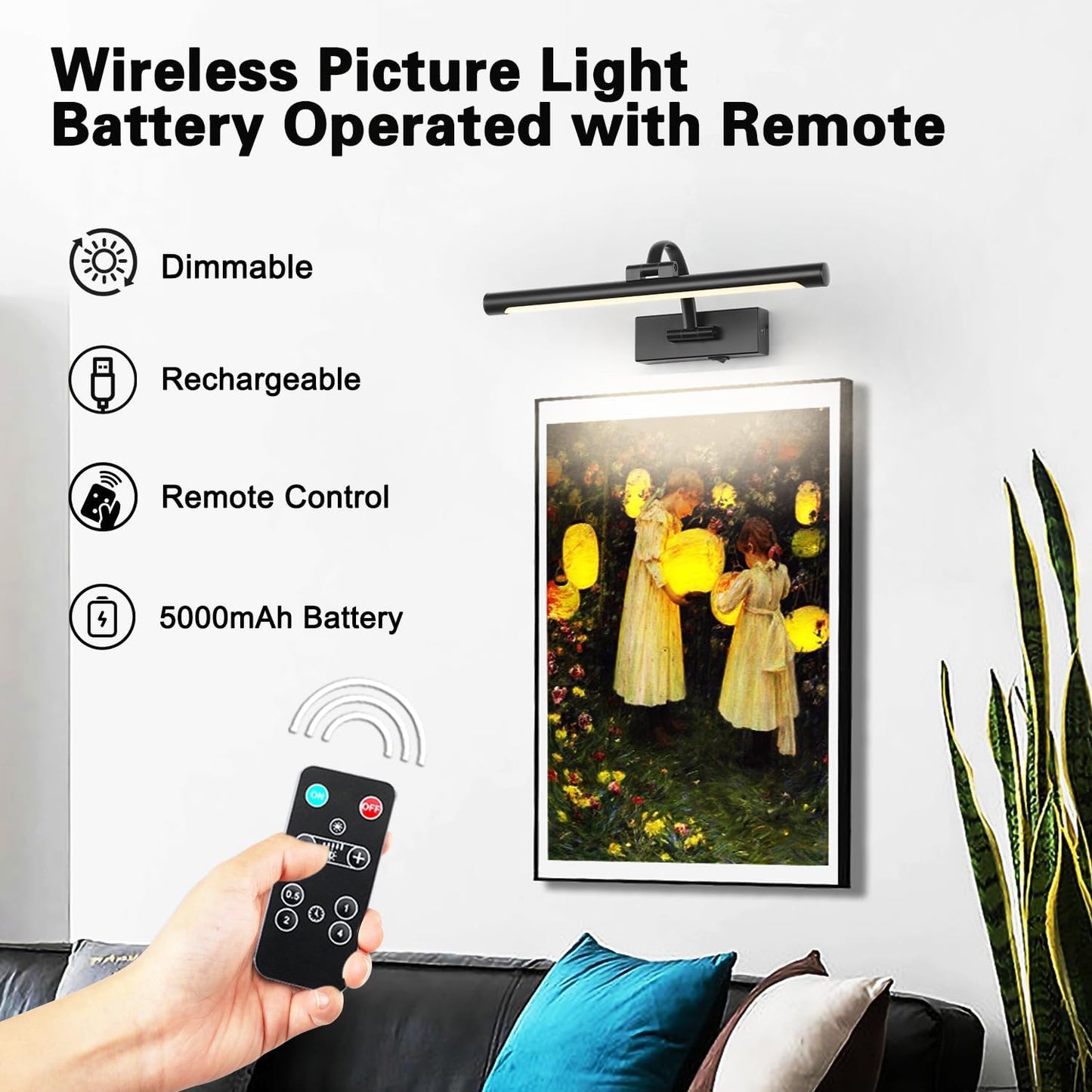 Picture Lights Battery Operated with Remote and Dimmable Function, Rechargeable Gallery Light Black Art Light Wireless Painting Lights 16'' Inch for Display, Portrait, Artwork, Warm White
