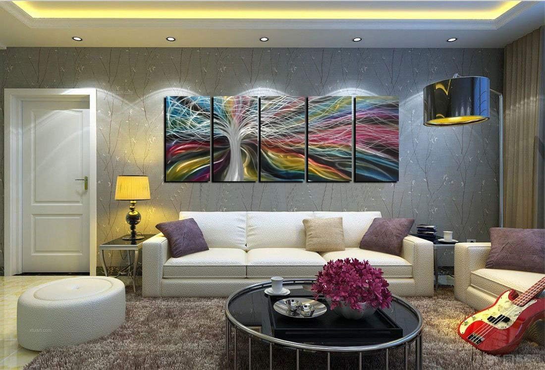 Unique Metal Wall Art with Colorful Fantastic Tree Design, Abstract Modern and Contemporary Décor, Metal Wall Sculpture, Silver Aluminum Artwork, Indoor and Outdoor decoration, 5 panels 64"x24"