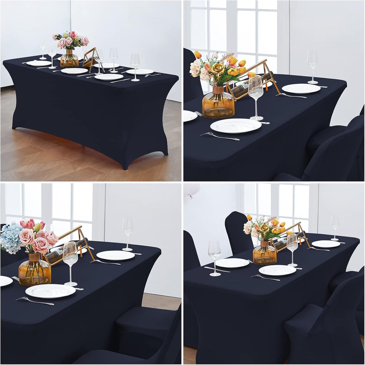 CWK 8FT Waterproof Stretch Spandex Table Cover for Rectangular Tables - Elastic Fitted Tablecloth for Folding Tables,Wrinkle Resistant Table Cloth for Parties, Weddings, Banquets & Events (Navy Blue)