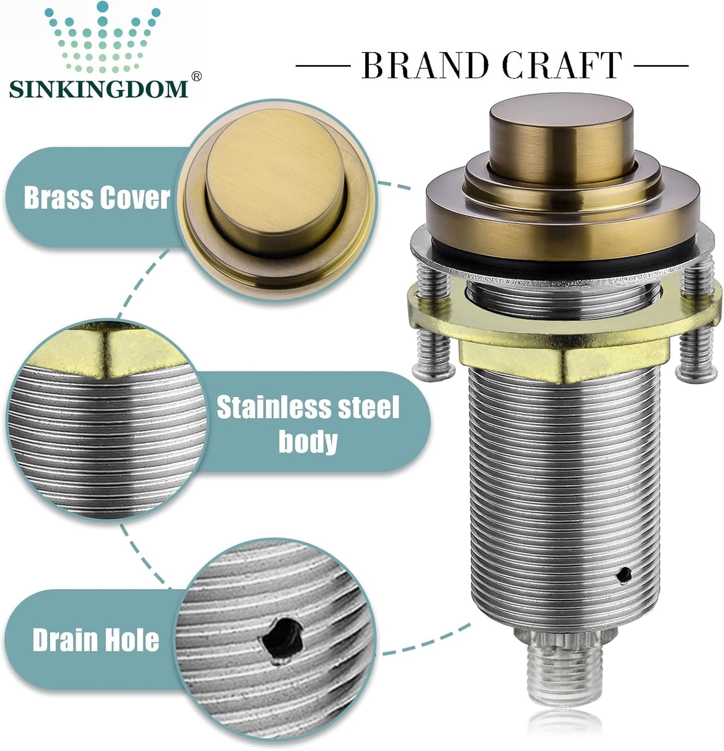 SinkTop Air Switch Kit (Long Full Brass Button) for Garbage Disposal, Cordless Champagne Bronze