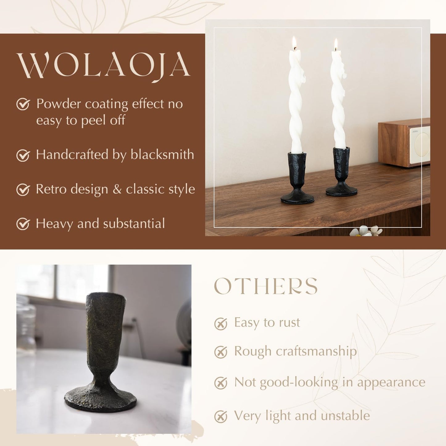 Candle Sticks Holder Decor, Set of 2 Vintage Black Candle Holders, Modern Decorative Tapered Candlestick Holders Centerpiece for Dining Table Centerpiece, Wedding, Party Decor