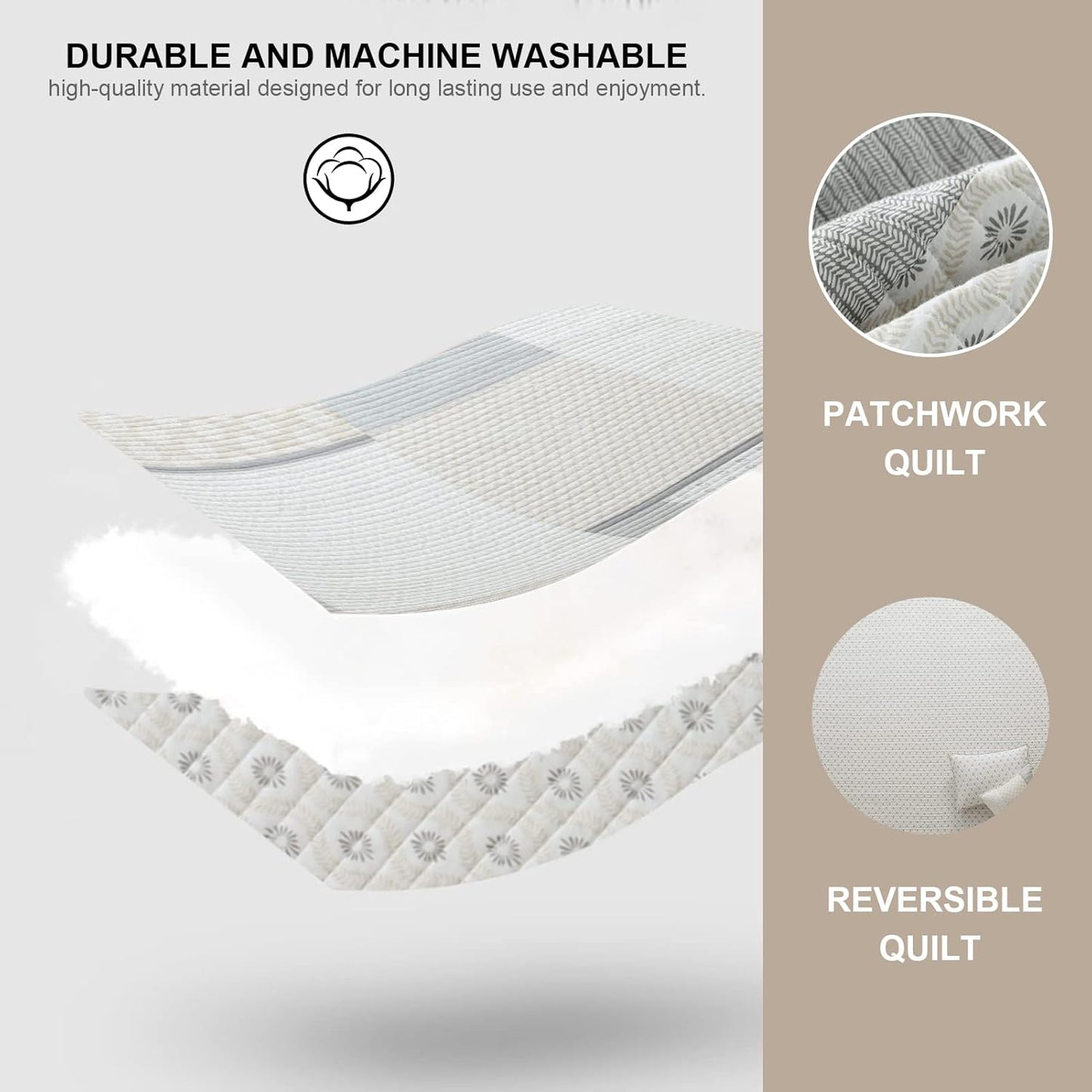 PANGUSHAN Quilt Set Queen Size, 100% Cotton Bedspread Quilt Bedding Set, Floral Patchwork Quilt Set for Queen Bed, Moonbeam Bed Spread, Lightweight Comforter Reversible Quilt, All Season, 3 Pieces